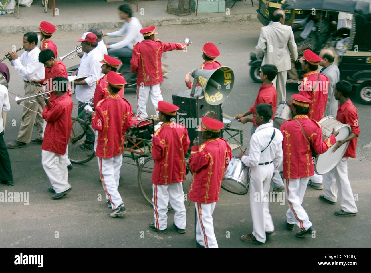 musicians playing music Indian wedding procession Baroda Gujrat India