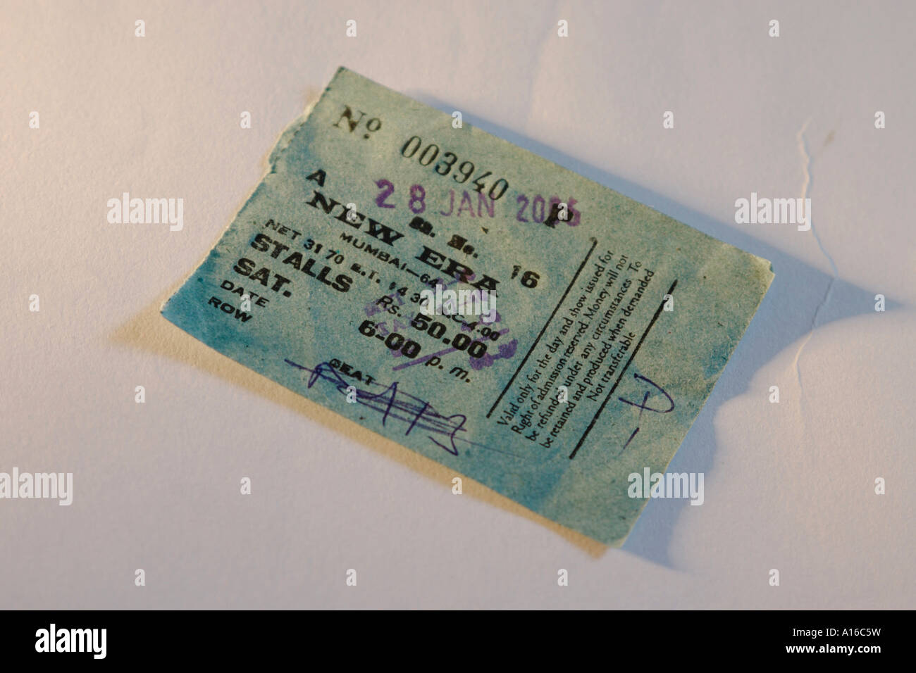 Movie ticket of New Era Cinema Hall Bombay now Mumbai Maharashtra India Stock Photo