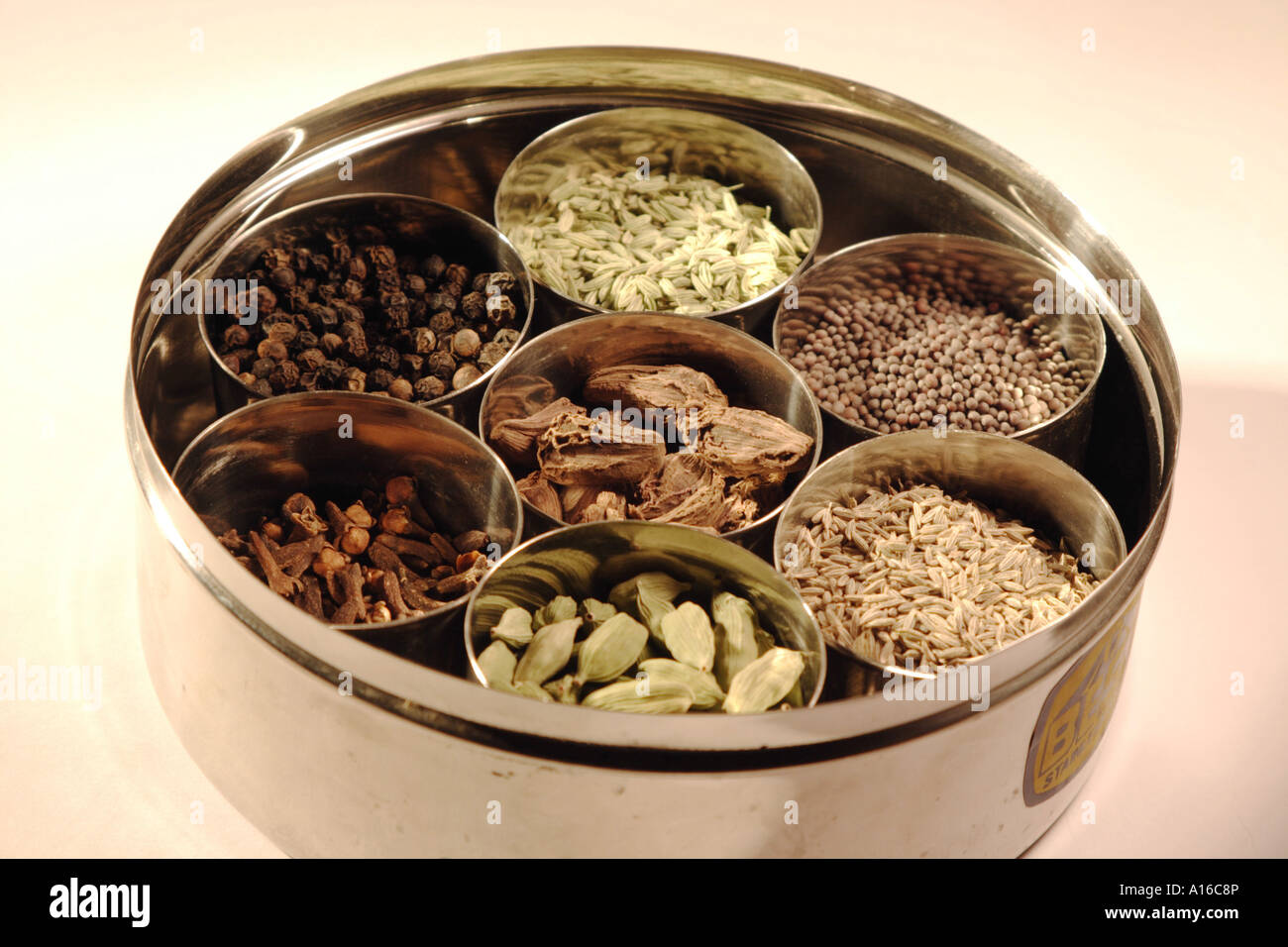 VHM102423 Indian Spices Traditional spice box in India Stock Photo