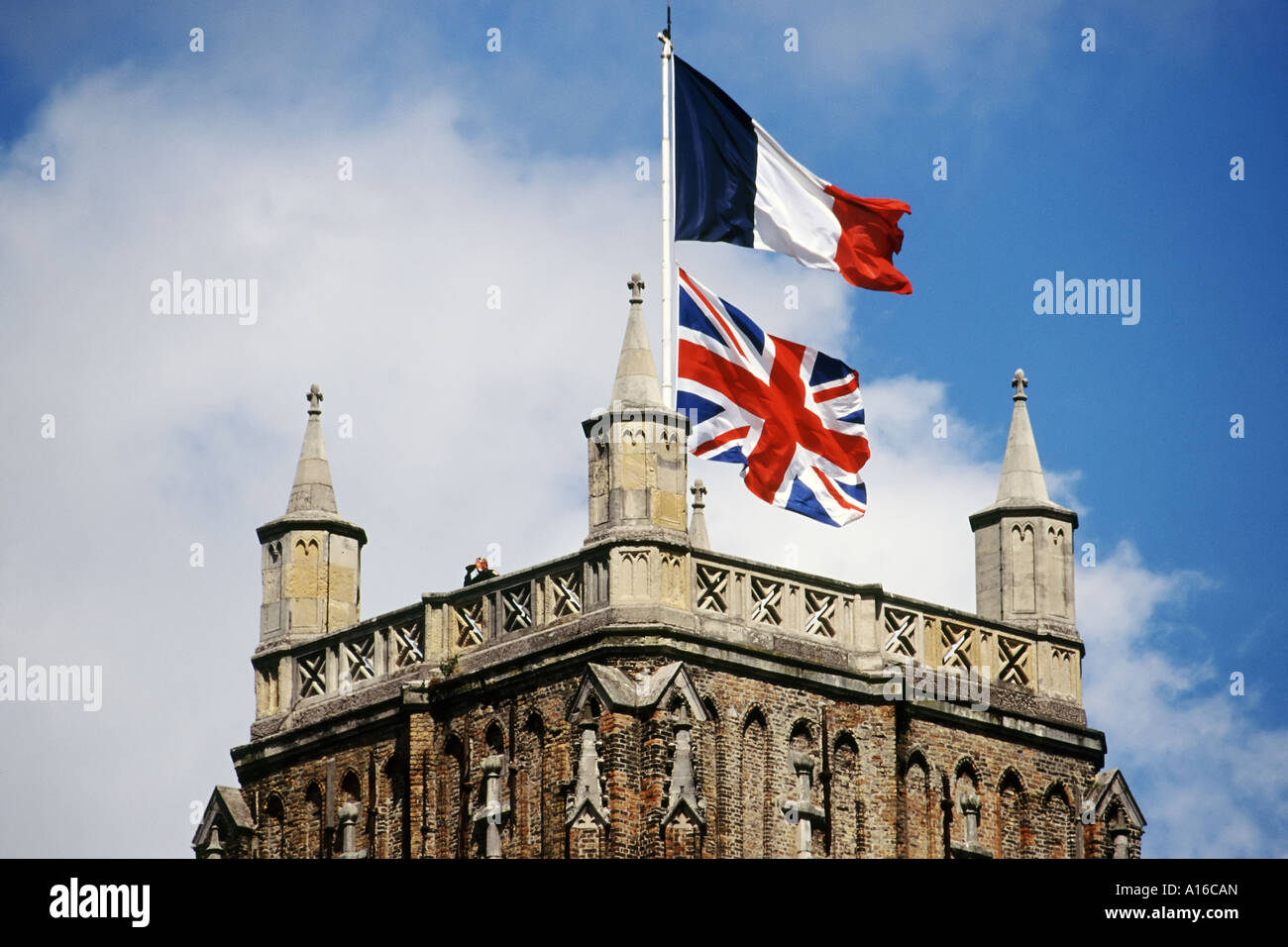 Union Jack flying atop Dunkirk city hall, VE Day 2000, France Stock Photo