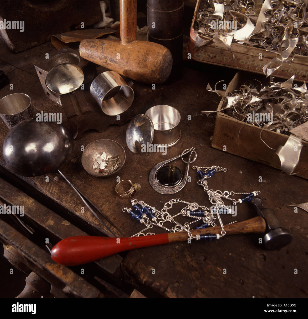 The tools of traditional silversmith working on jewellery Stock Photo
