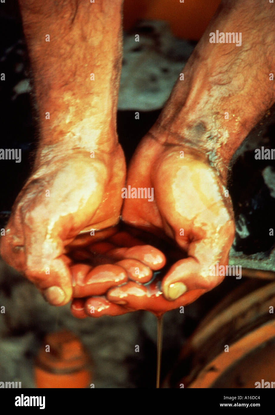 Ecology Man cupping oil in his hands Stock Photo