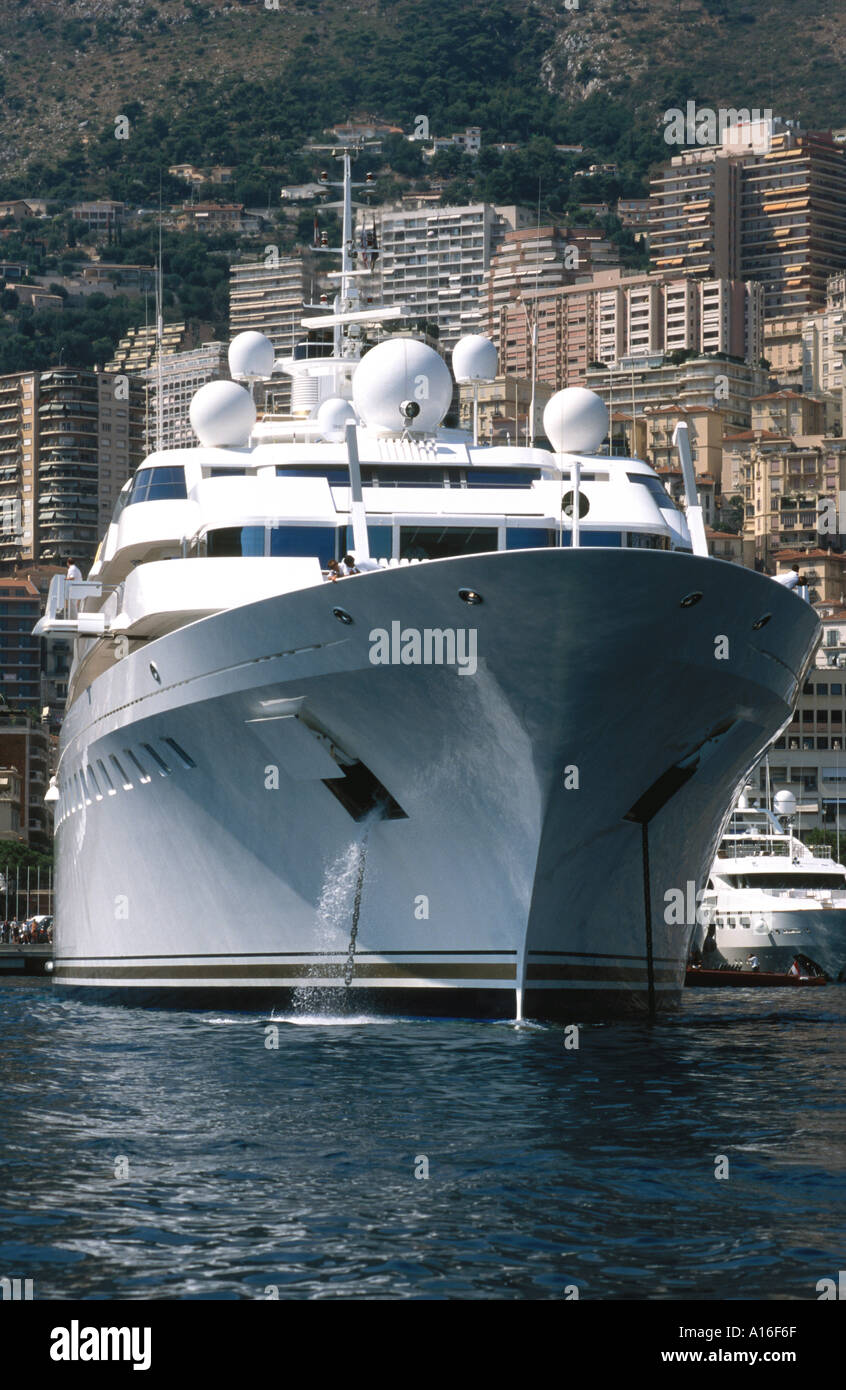 A motor yacht moored at Port Hercule Monaco Monte Carlo France Mediterranean Sea Stock Photo