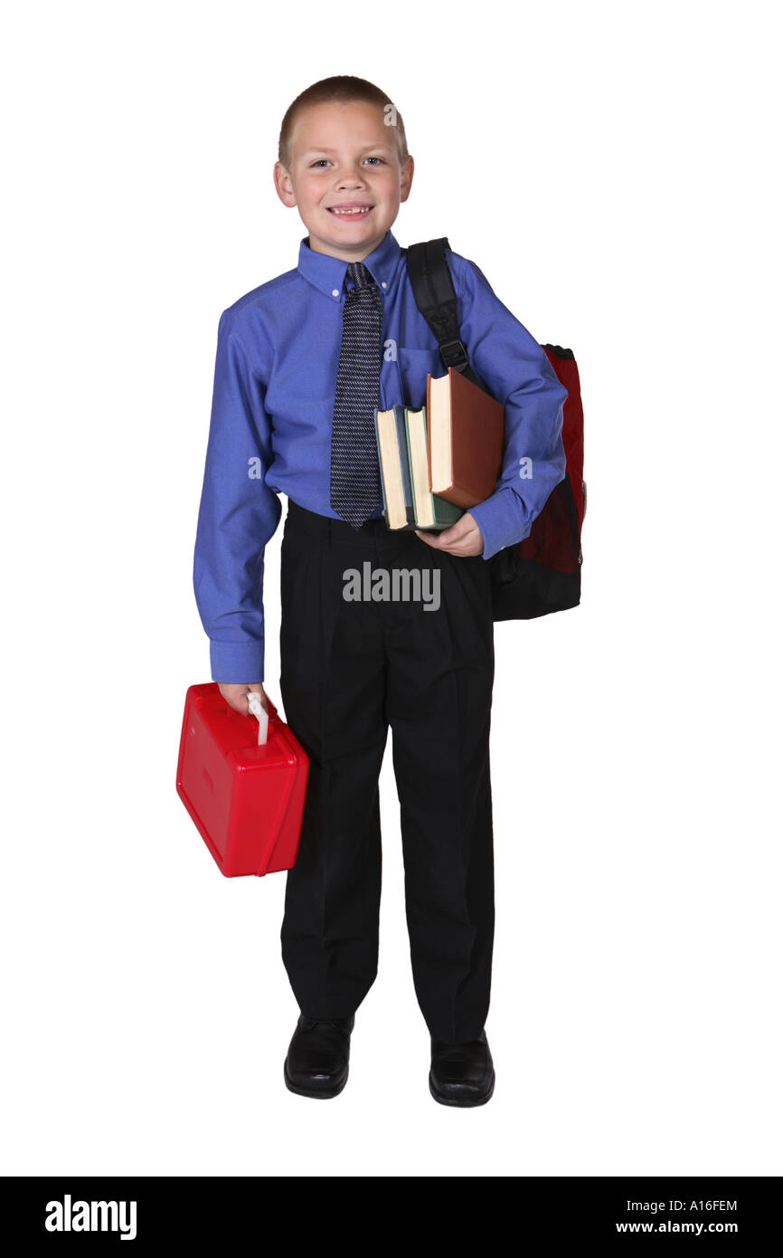 Young Boy Ready for First Day of School Stock Photo