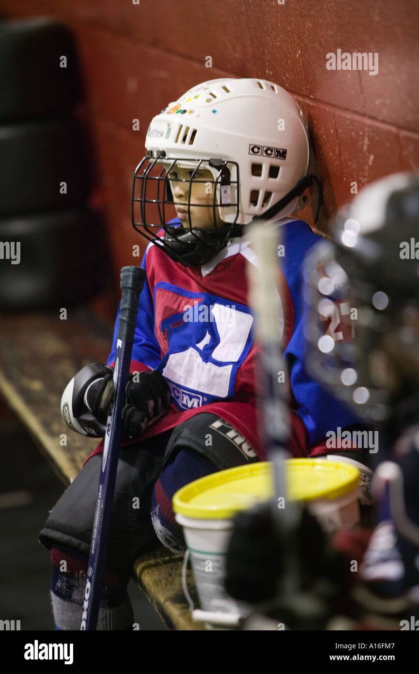 6 year old boy playing hockey Stock Photo Alamy