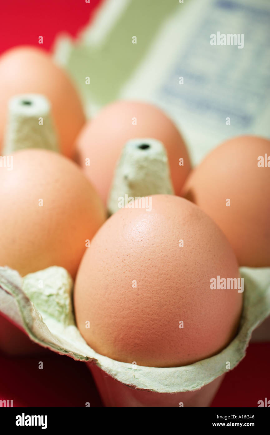 Chicken eggs in egg box Stock Photo