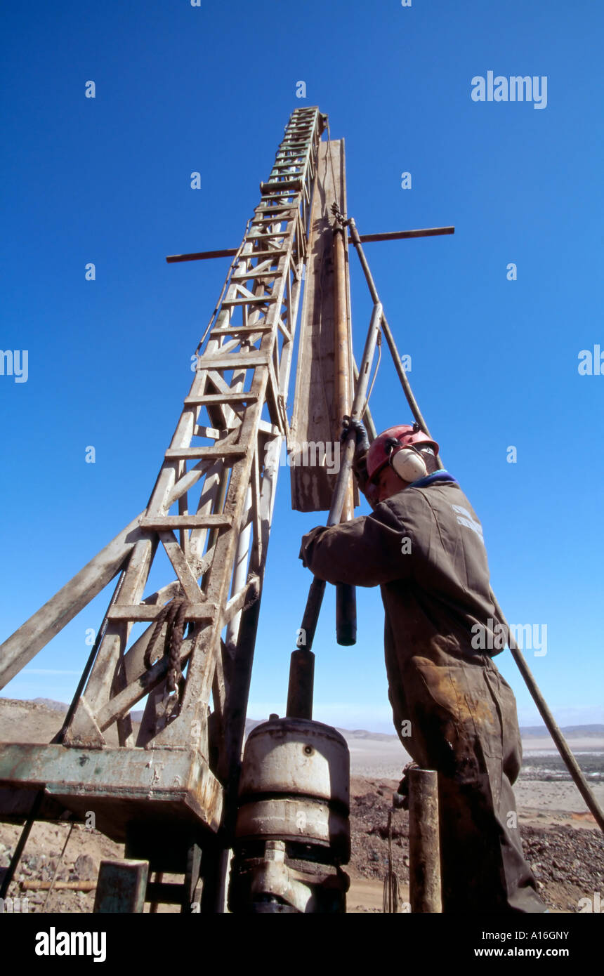 drill crew with their rig at mining camp Atacama Desert Chile Stock Photo