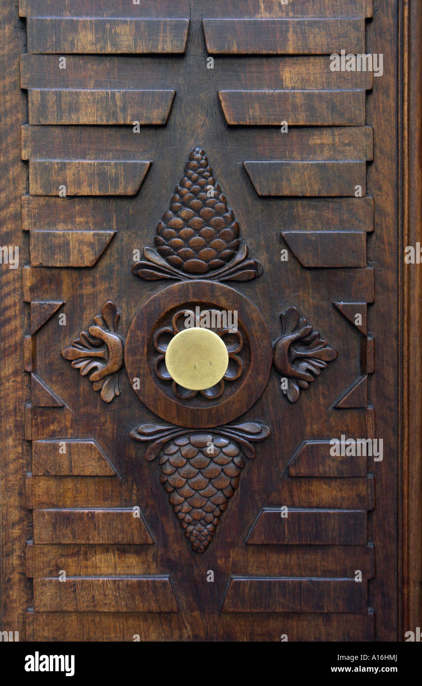 Detail of a heavy wooden door in the Italian town of Aoste Stock Photo