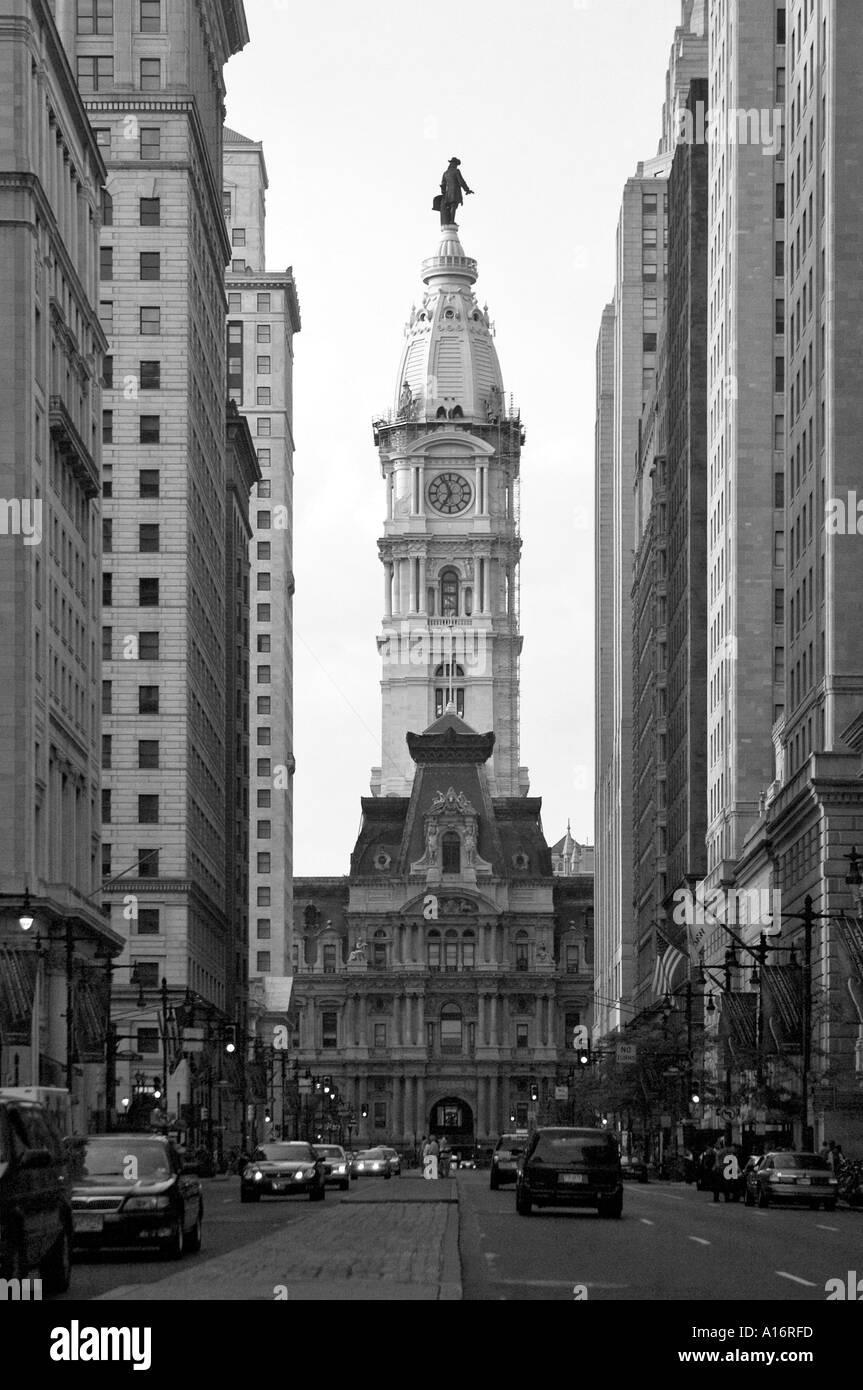 Broad Street in Philadelphia Pennsylvania traveling towards the clock tower with a statue of Benjamin Franklin at the top Stock Photo