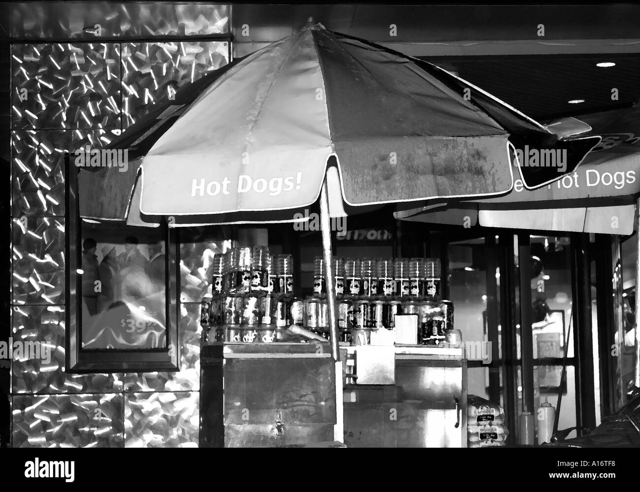 black and white image of hot dog vending cart at night in New York city Stock Photo