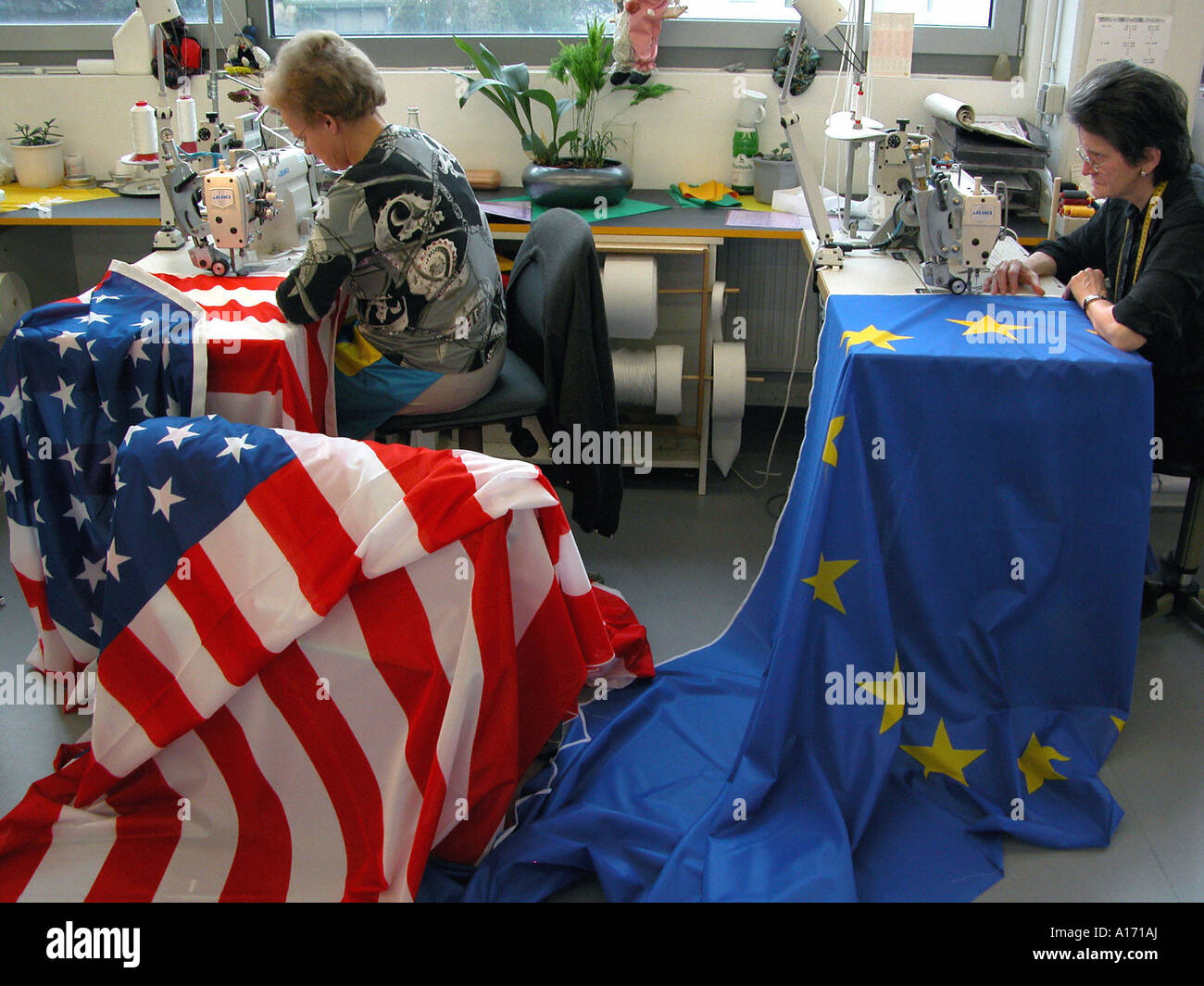 American and European Union flag are sewn Stock Photo