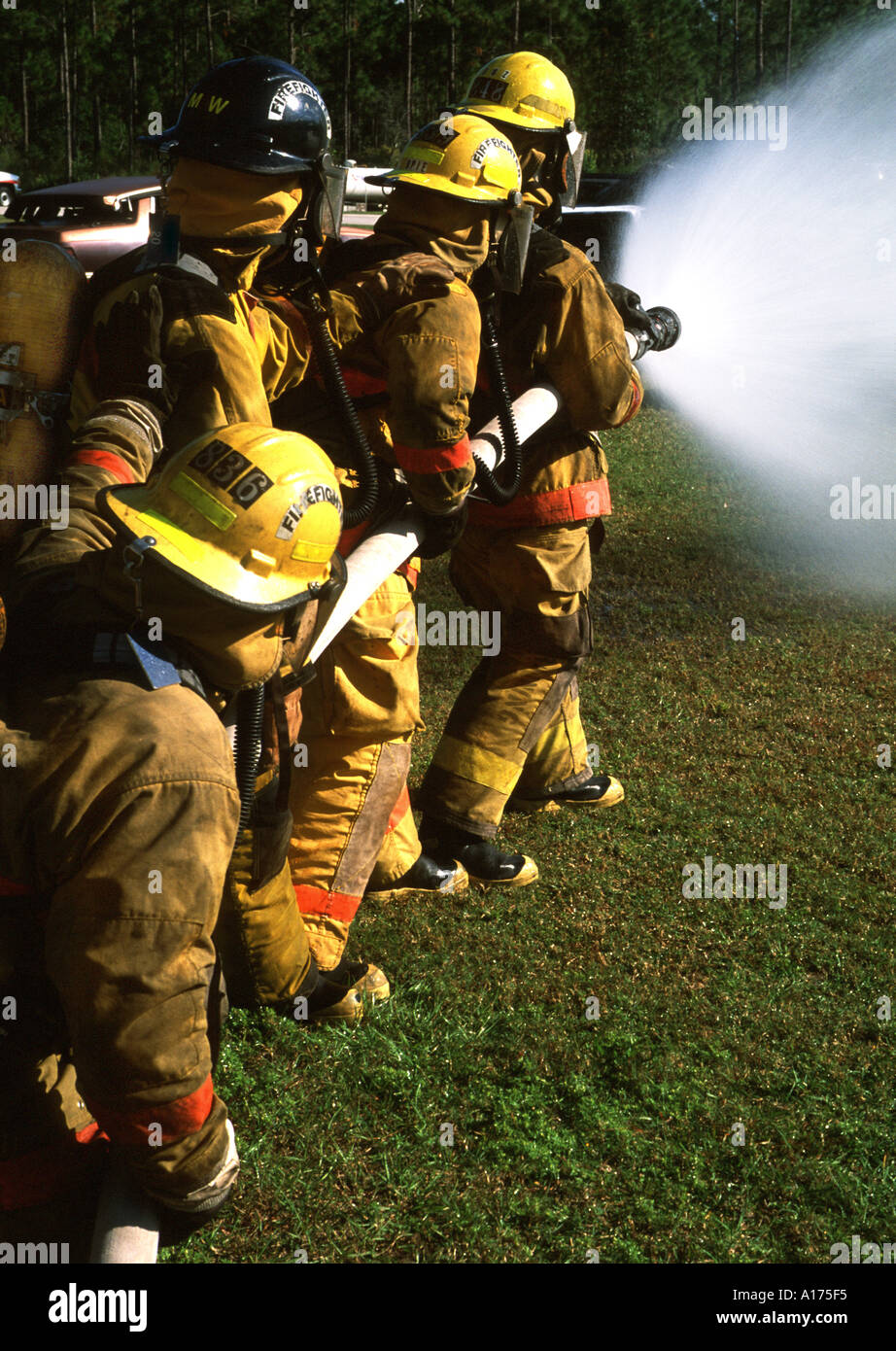 Team of firefighters aiming a hose at flames Stock Photo - Alamy