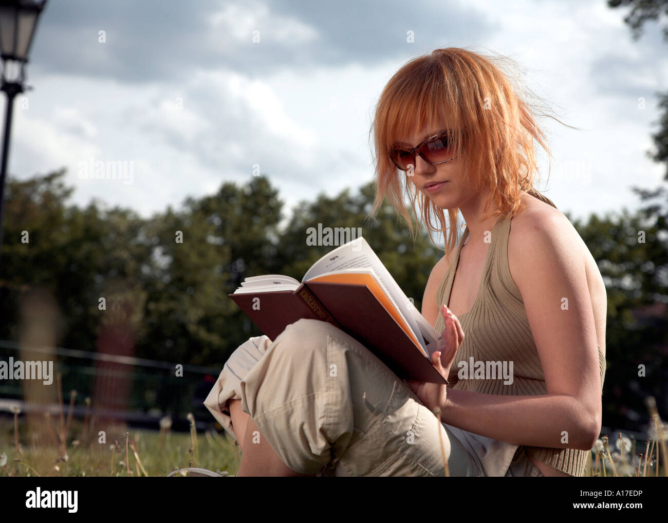 Woman sitting in a park and reading a book Stock Photo - Alamy
