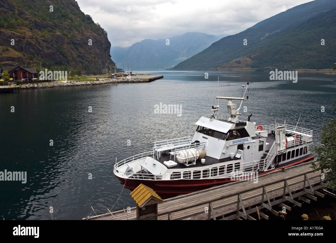 Fyord sightseeing boat anchored in marina at Flam Norway Stock Photo