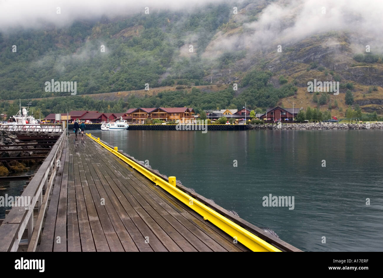 Marina dock in rain Aurlandsfjord Flam Norway Stock Photo