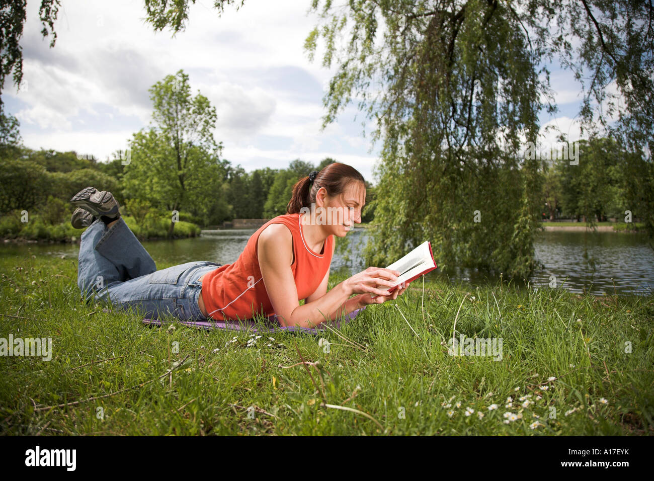 Woman sitting in a park and reading a book Stock Photo - Alamy