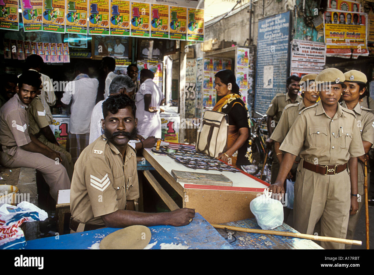 Local police force in a checkpoint in the city of Madurai, Tamil Nadu India Stock Photo