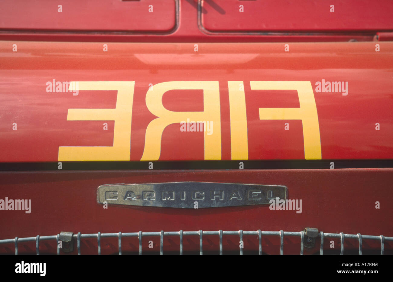 Reversed Fire Sign on Classic Fire Engine Stock Photo