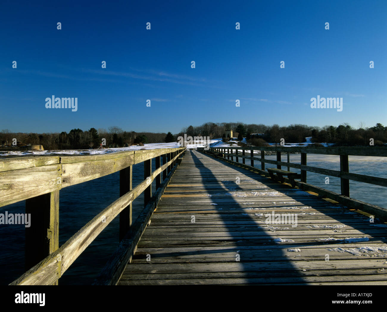Long wooden wharf pier at Fort Foster which is an old Military base