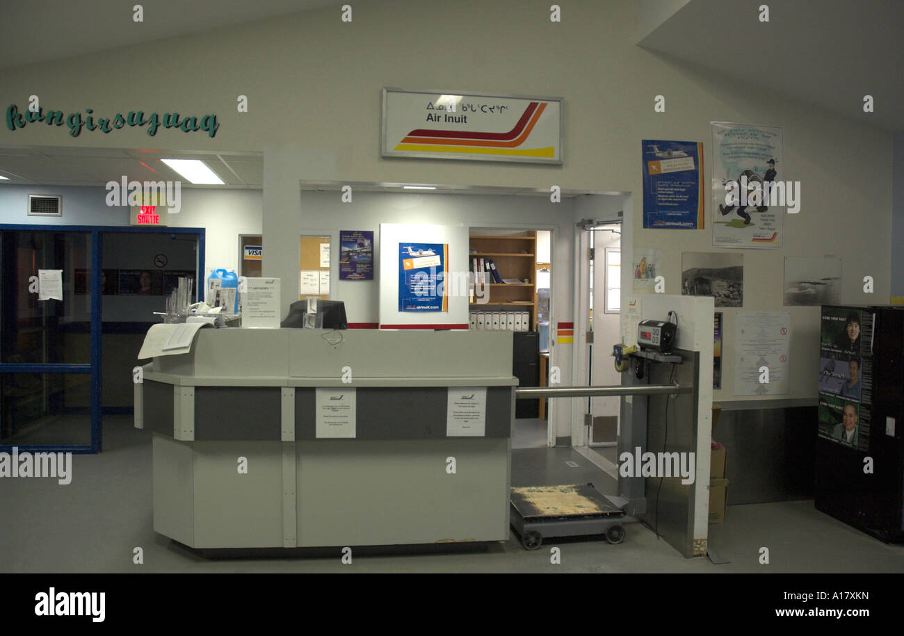 The check in desk at the tiny airstrip of Kangiqsujuaq Stock Photo