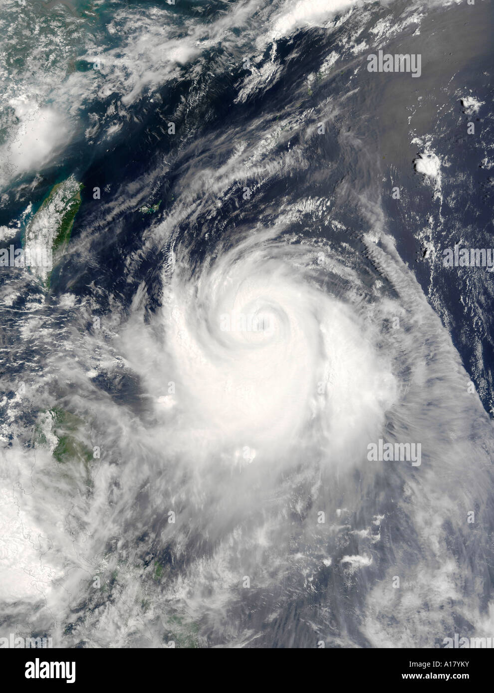 Typhoon Ewiniar swirled in the western Pacific Ocean offshore of China, Taiwan, and the Philippines. Stock Photo