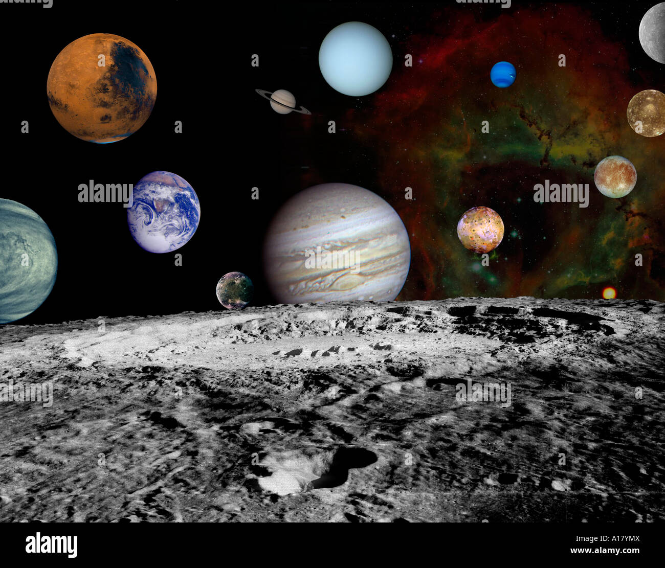 This montage of images taken by the Voyager spacecraft of the planets and four of Jupiter s moons. Stock Photo