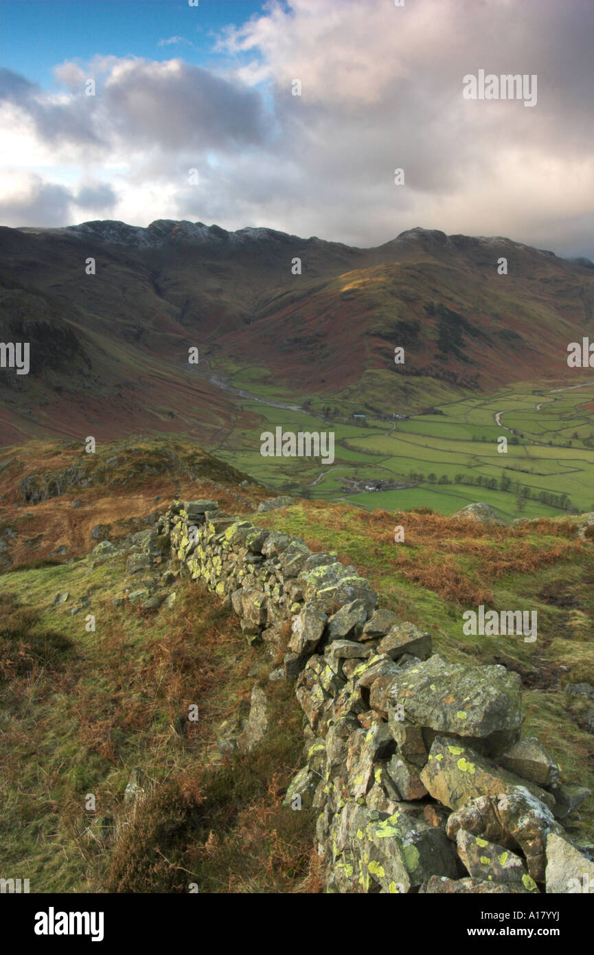 landscape photo of autumn colours in the great langdale valley with crinkle crags and bow fell mountains behind Stock Photo