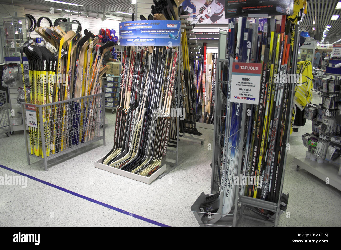 horizontal landscape photo of ice hockey equipment in a sports shop in Finland Stock Photo