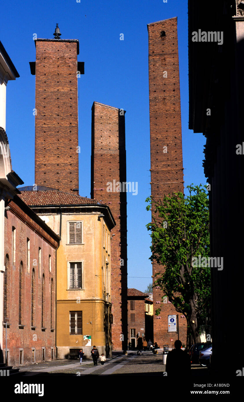 Medieval towers Da Vinci square Pavia Lombardy Italy Stock Photo