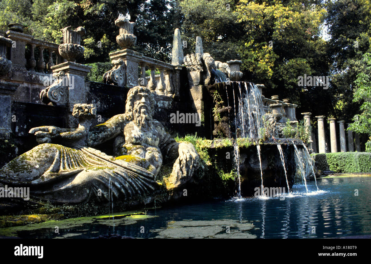 Italy Latium Garden Villa Lante in Bagnaia  Neptune fountain water  Plants, and, Horticulture, Escape, Europe, European, E Stock Photo