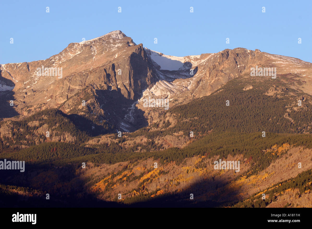 Hallet Peak, Flattop Mountain and Tyndall Glacier in Rocky Mountain National Park,  Colorado Stock Photo