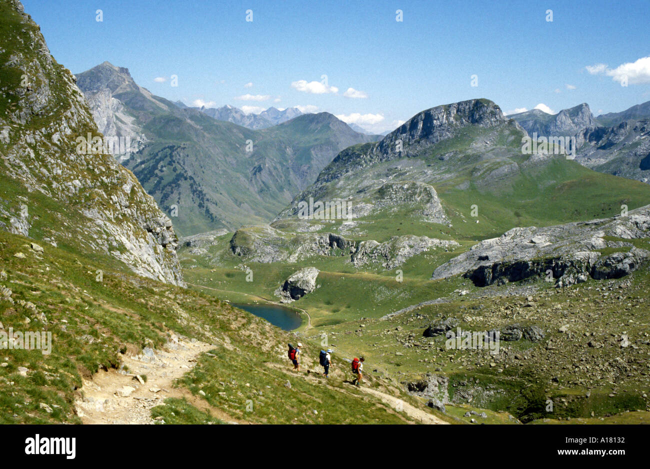 Walkers on the Tour du Pic du Midi d'Ossau, near Lac Casterau, Pyrenees, France Stock Photo