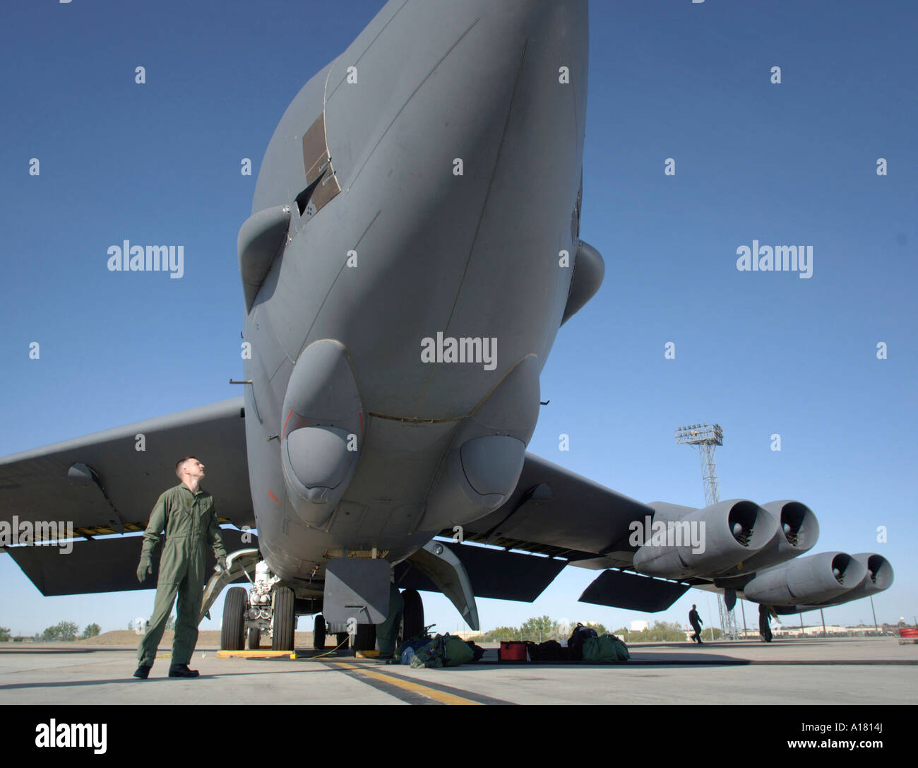 Captain with the 23rd Bomb Squadron performs a walk around inspection of a B-52 Stratofortress Stock Photo