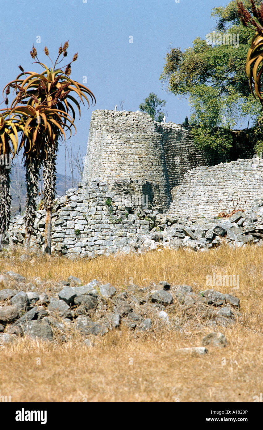 Great Zimbabwe Ruins and a conical tower in Zimbabwe Stock Photo