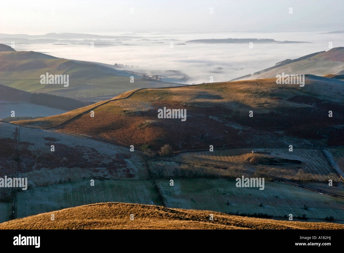 Mist covered Cheviot Hills and Hadrians Wall, Northumberland National