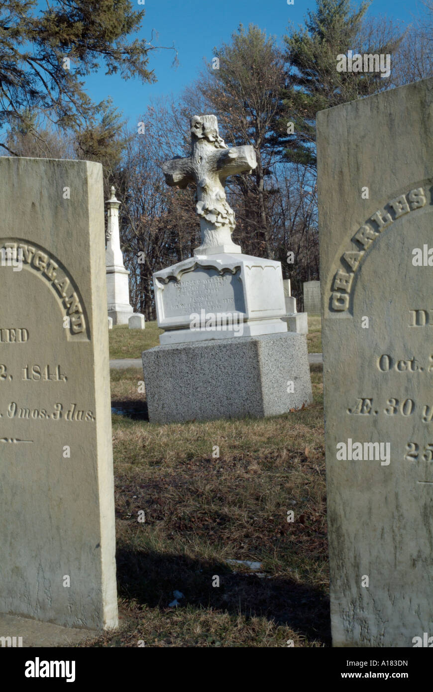 Old weathered headstones in an scenic New England graveyard Stock Photo ...