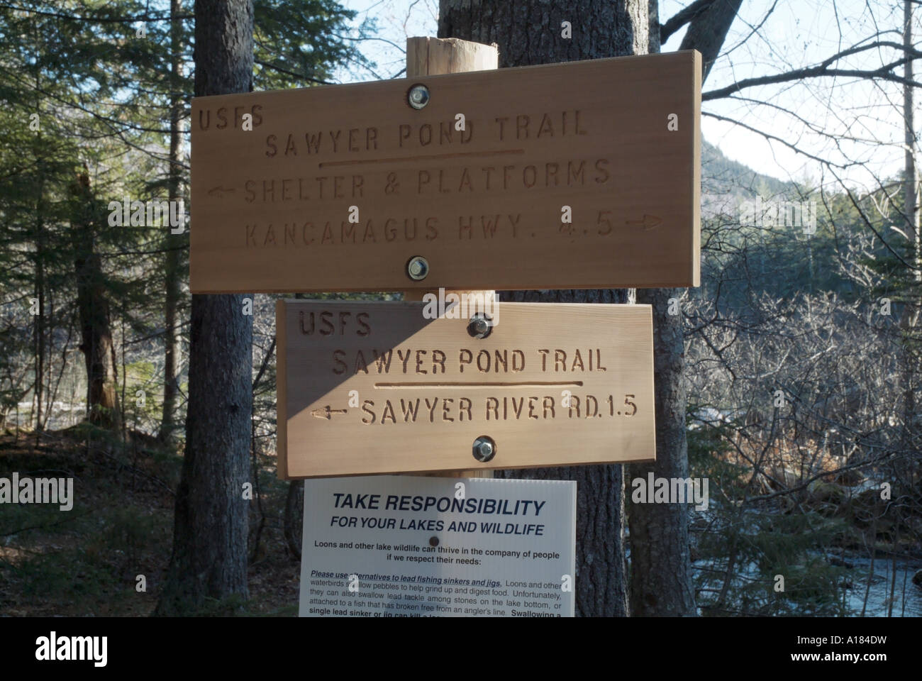 Sawyer Pond Trail Sign located in the White Mountain National Forest of New Hampshire USA Stock Photo