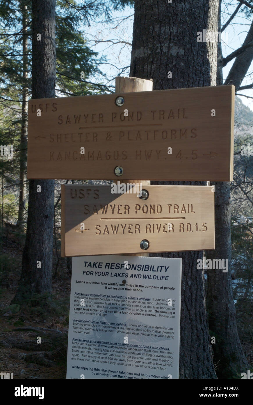 Sawyer Pond Trail Sign located in the White Mountain National Forest of New Hampshire USA Stock