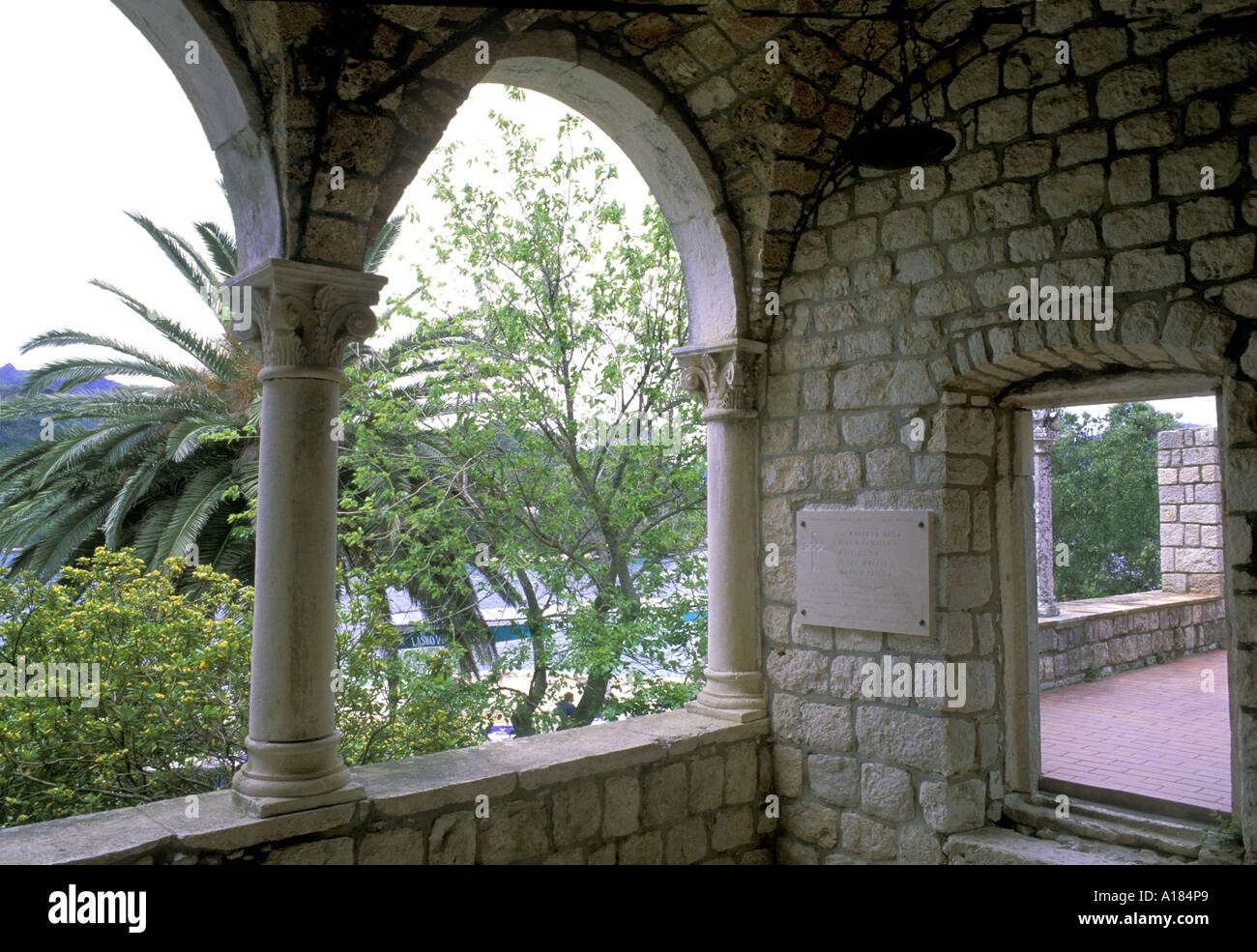Interior Arches of 12th century  Benedictine Monastery,St Mary's Isle,within The National Park, Mljet Island. Croatia. Dalmatia Stock Photo