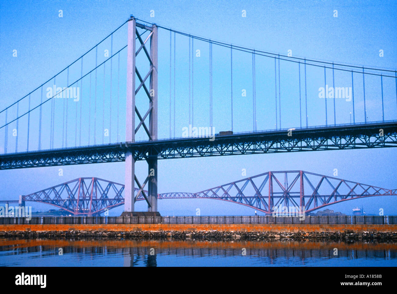 Road suspension bridge built in 1964 and the Forth Railway Bridge built