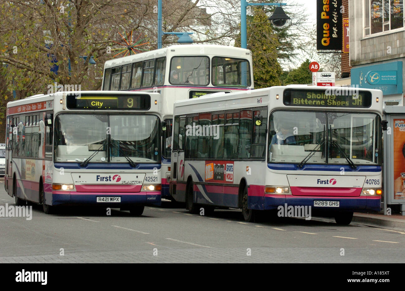 Three Firstbus buses pictured in Southampton, Hampshire, UK Stock Photo