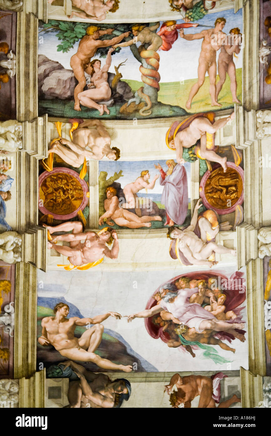 Sistine Chapel Ceiling 'Original Sin and Banishment from Garden of Eden' 'Creation of Adam' Michelangelo frescoes Vatican Rome Stock Photo