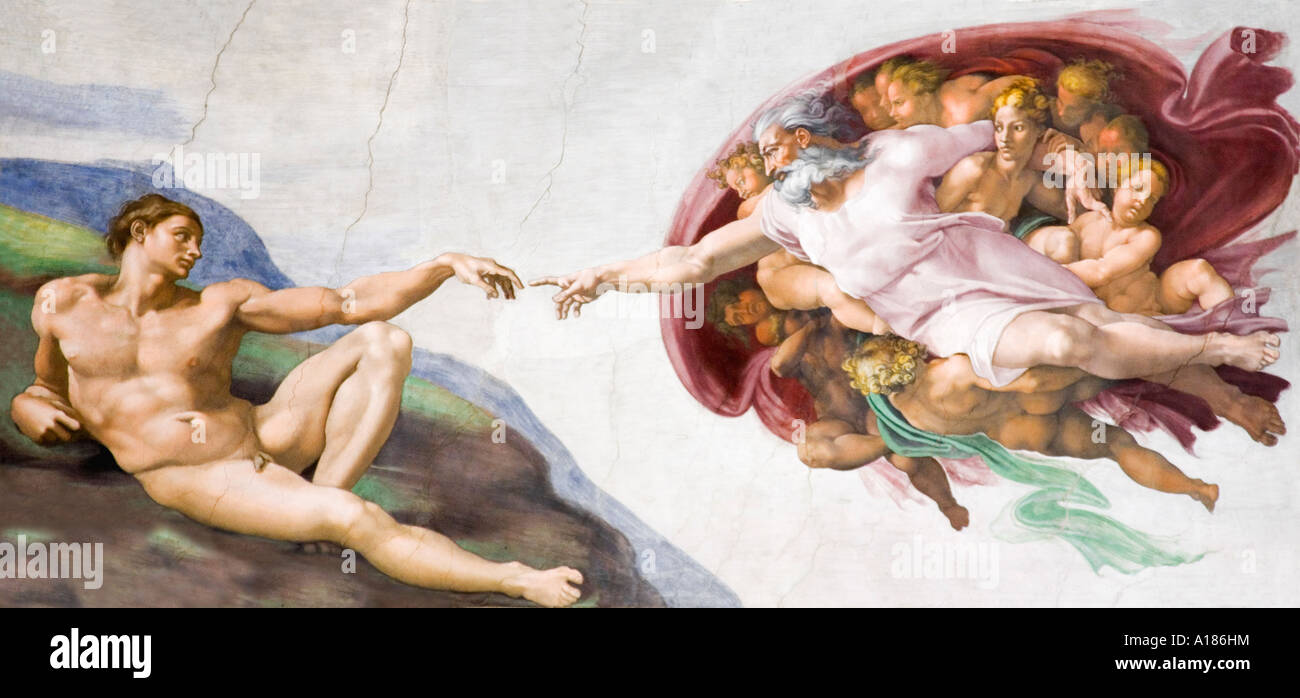 Creation of Adam fresco on ceiling of Sistine Chapel by Buonarroti Michelangelo Vatican Museum Rome Italy Europe Stock Photo