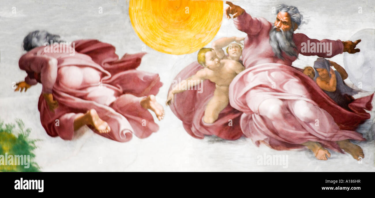 Creation of Sun and Moon fresco ceiling Sistine Chapel Buonarroti Michelangelo Vatican Museum Rome Italy Europe Stock Photo