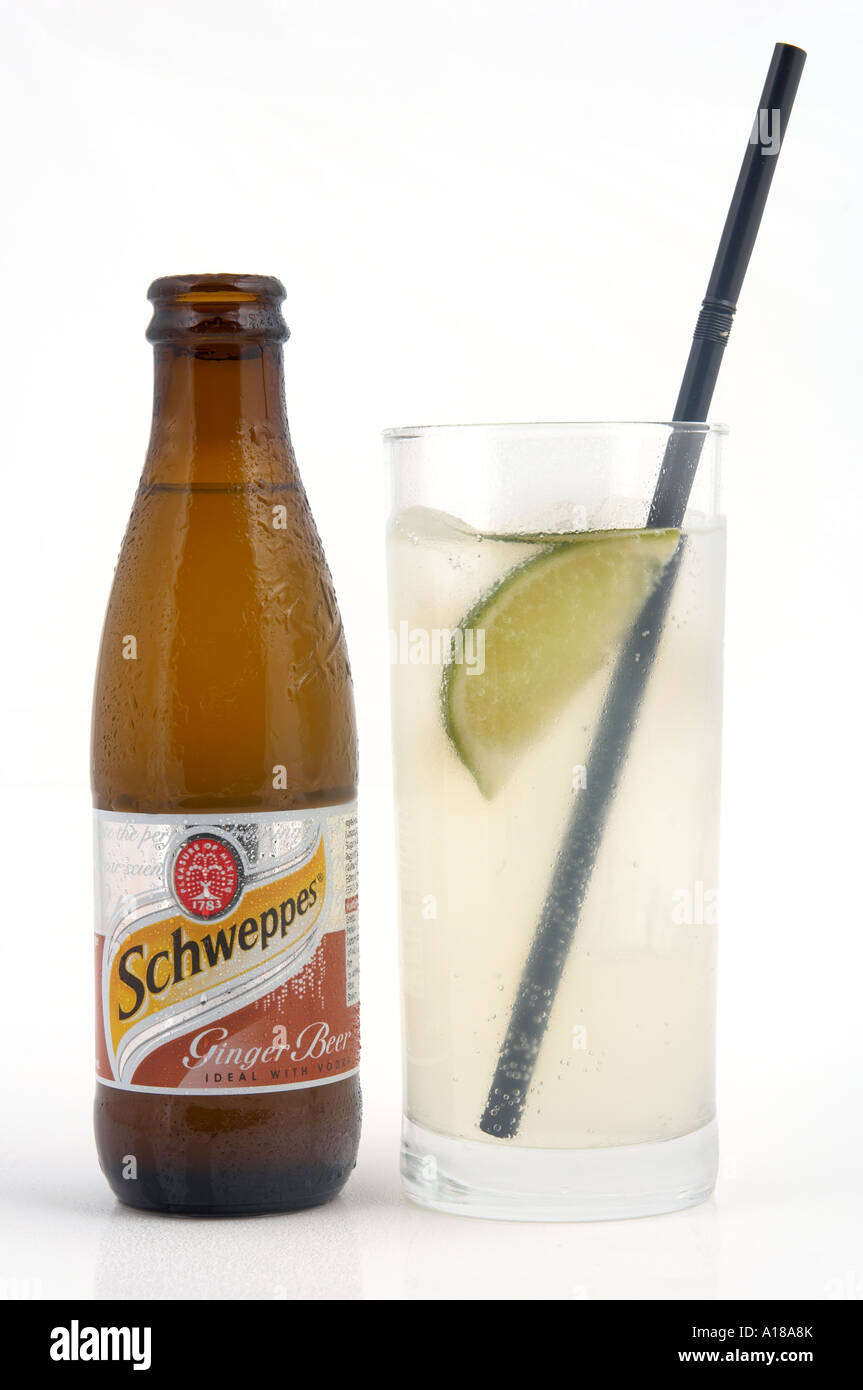 bottle of ginger beer with full glass perfect serve Stock Photo