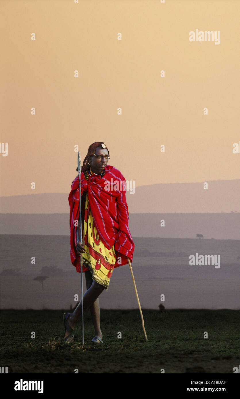 Maasai herder at dawn Kenya Stock Photo