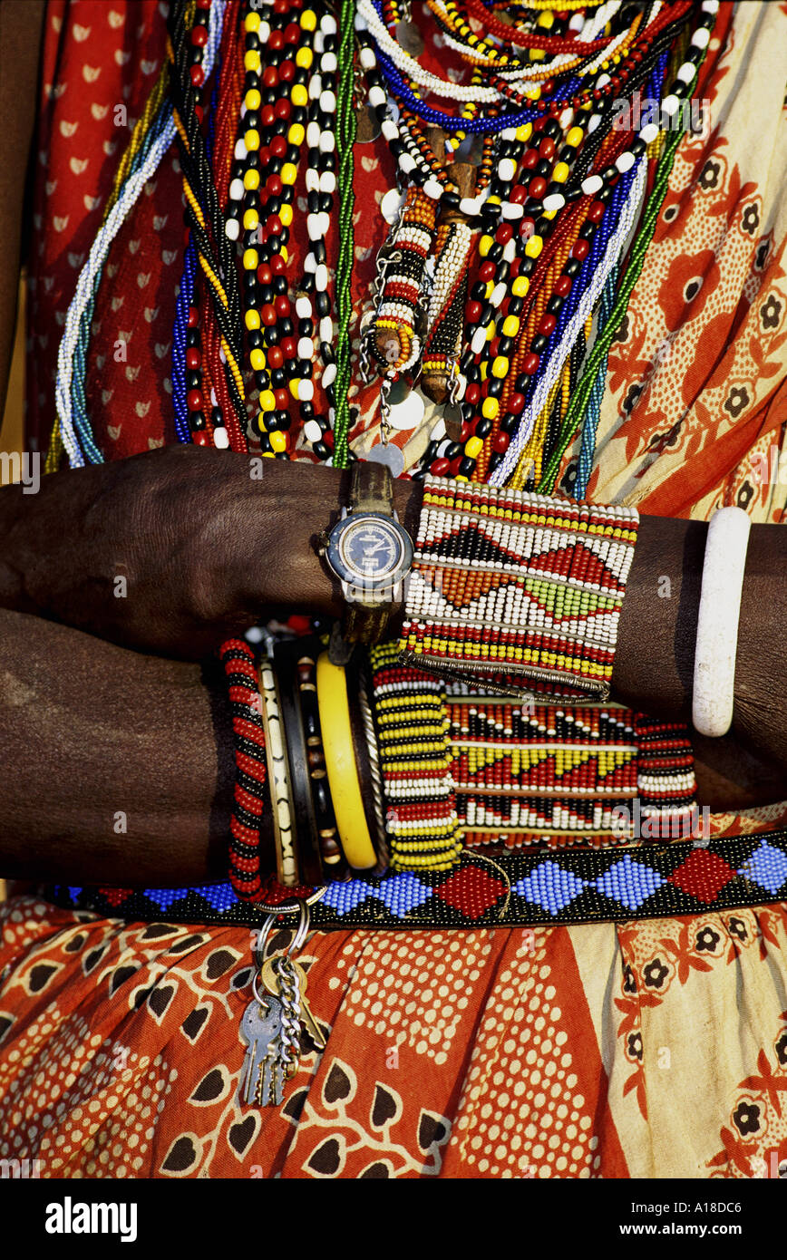 Maasai man in traditional dress wearing watch Kenya Stock Photo