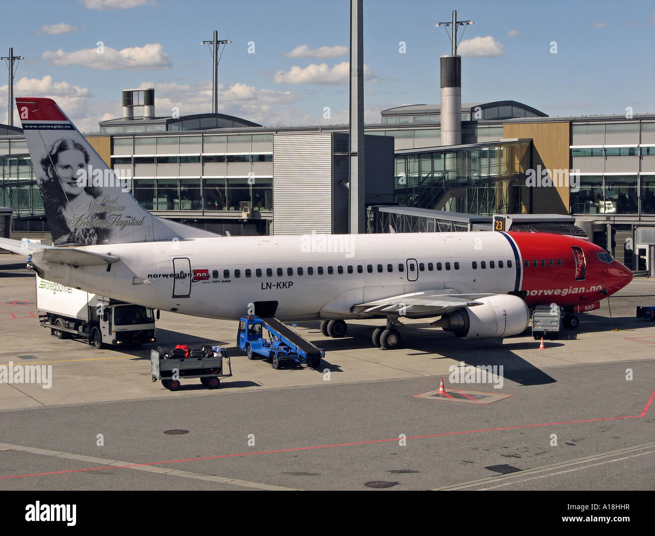 Servicing an air plane at Oslo Airport Gardermoen, OSL, located in Ullensaker, Norway Stock Photo