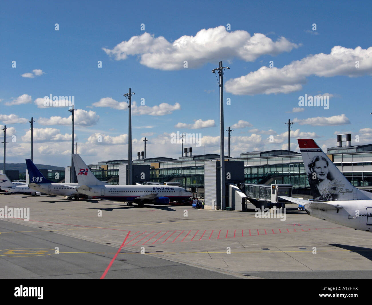 Air planes at  the national terminal of Oslo Airport, OSL, located in Gardermoen, Ullensaker, Norway Stock Photo