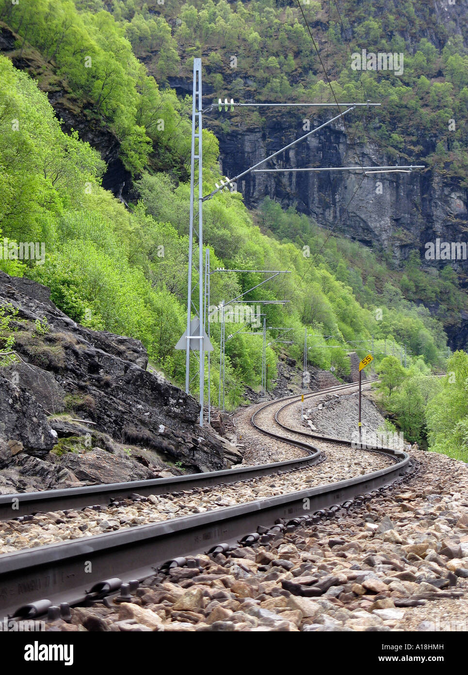 Rail road tracks of Norway in a Nutshell the Flam to Myrdal Railway between Myrdal and Flam, Norway Stock Photo